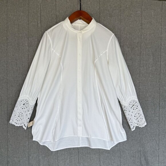 Soft Surroundings White Long Sleeve Embroidered Lace Cuff Button Front Tunic Top - Picture 9 of 14